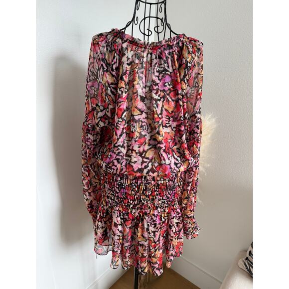 Misa Celina Red Fire Flora Sheer Long Sleeve Smocked Mini Dress NEW Medium - Picture 5 of 14